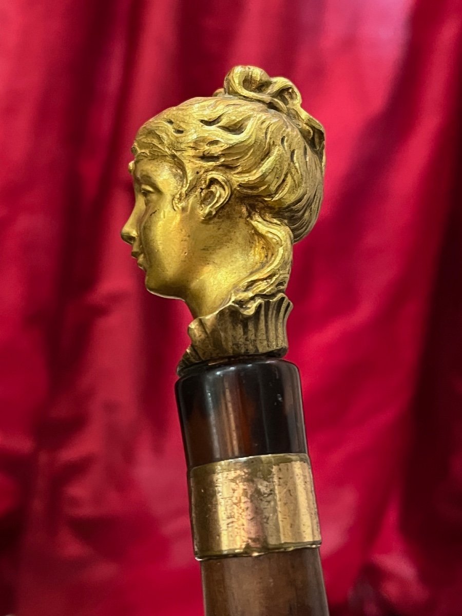 Beautiful Woman's Cane In Mahogany Wood With Head Of Woman In Gilded Bronze-photo-1