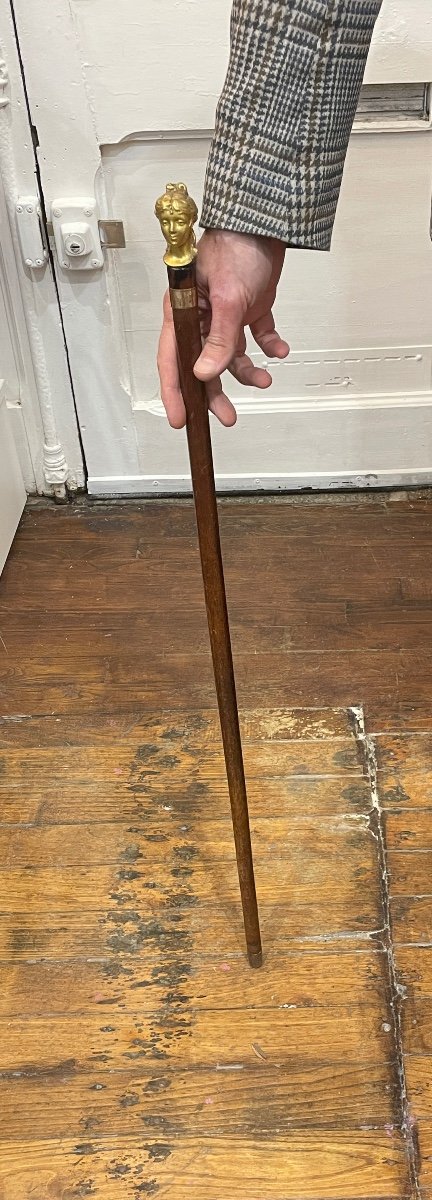 Beautiful Woman's Cane In Mahogany Wood With Head Of Woman In Gilded Bronze
