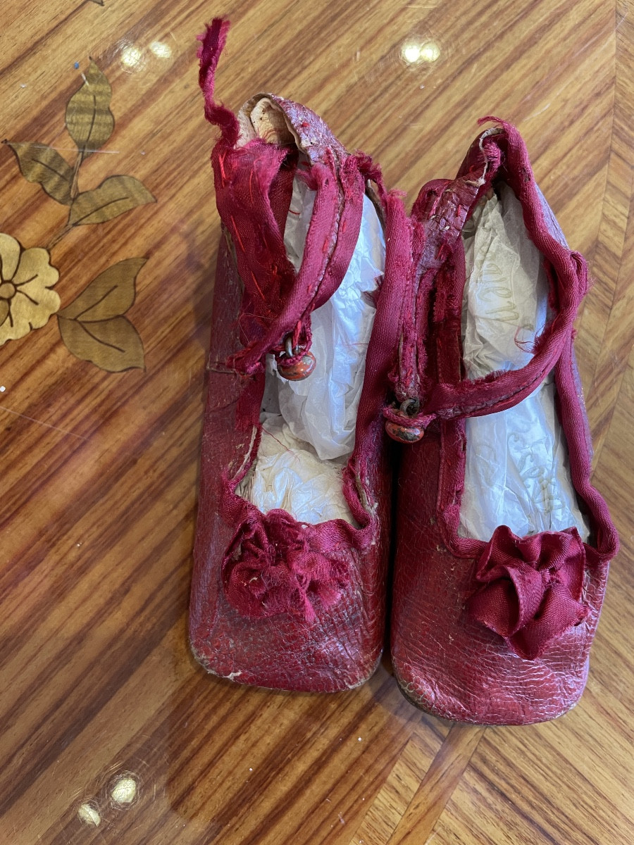  Endearing Antique French Burgundy Leather Pauline Doll Shoes