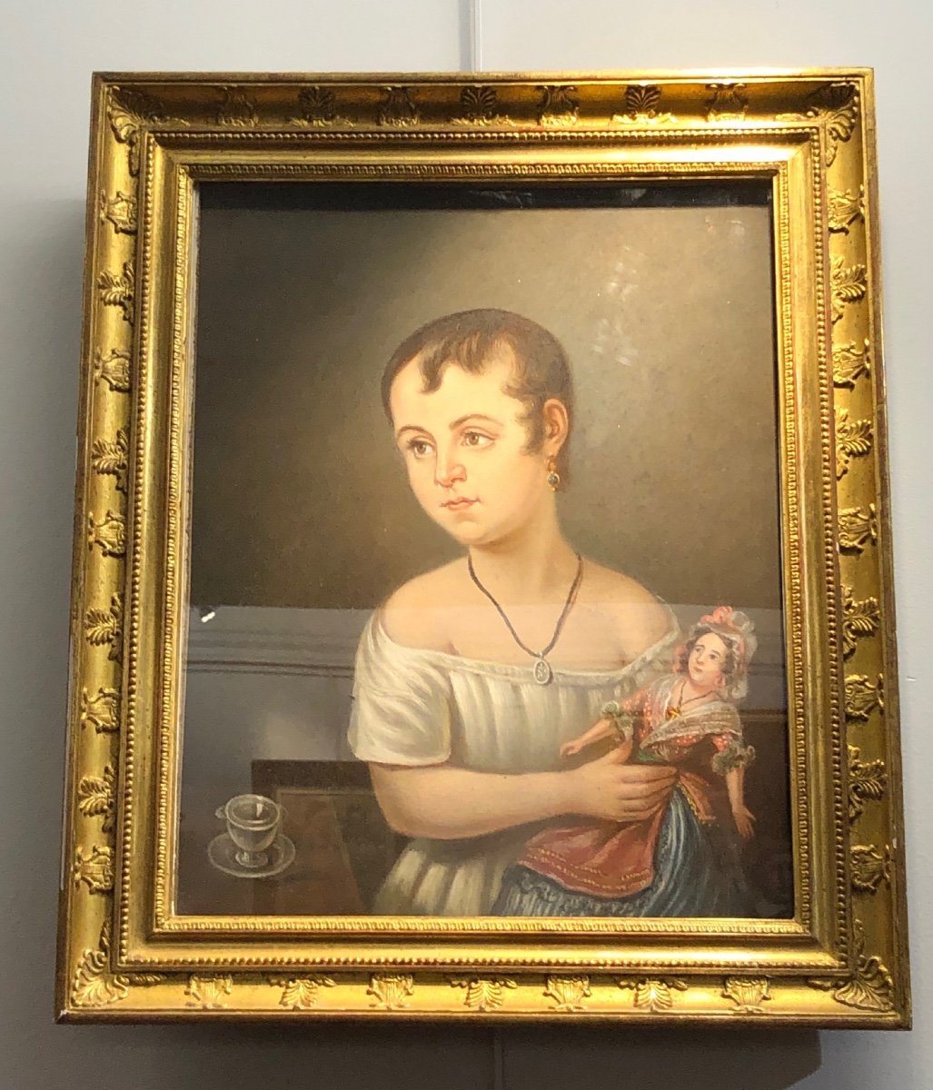 Pastel Representing A Little Girl With A Doll From The 1st Empire Period
