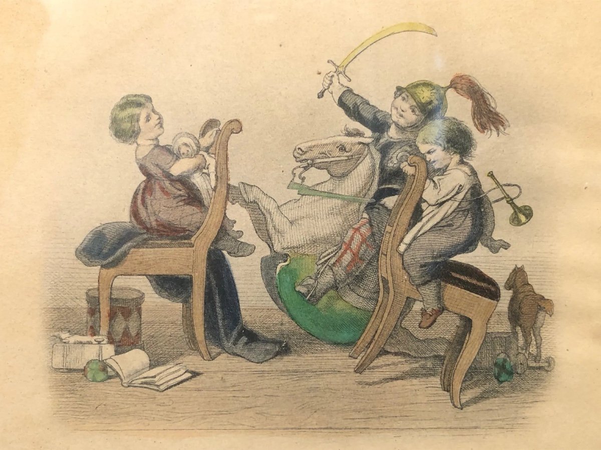 Early French Print From The Mid 19th Century “children At Play”-photo-2