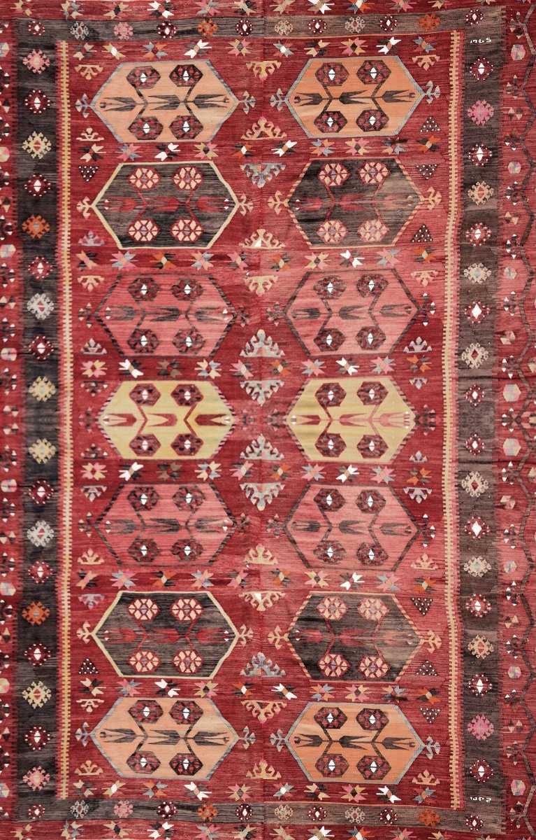 Grand Tapis Kilim Anatolien ARAS - Turc : 3.75 x 1.75 Mètres
