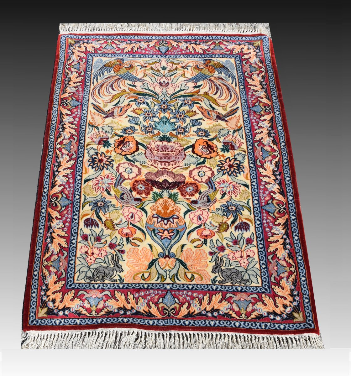 Tapis d'Orient Iran Ispahan : 0.74  x 1.08 Cm - Laine Et Soie-photo-2