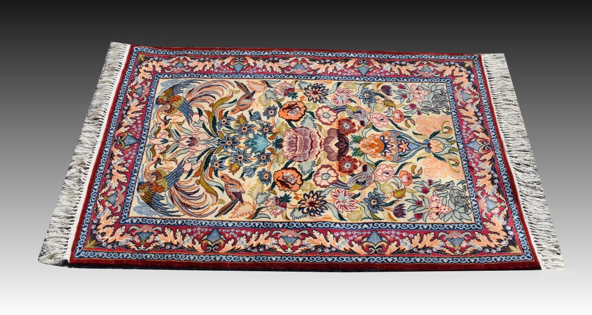 Tapis d'Orient Iran Ispahan : 0.74  x 1.08 Cm - Laine Et Soie-photo-3