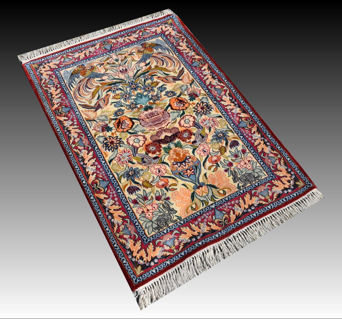Tapis d'Orient Iran Ispahan : 0.74  x 1.08 Cm - Laine Et Soie-photo-4