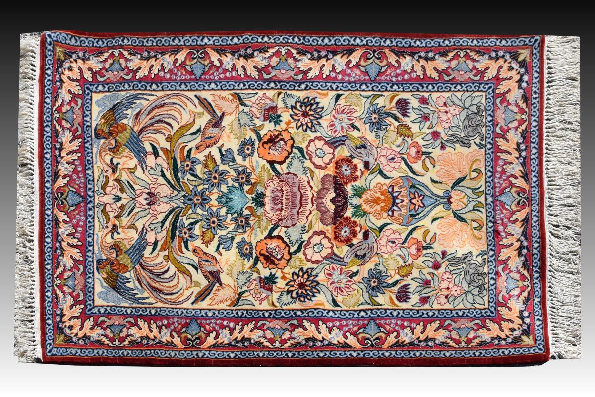 Tapis d'Orient Iran Ispahan : 0.74  x 1.08 Cm - Laine Et Soie-photo-3