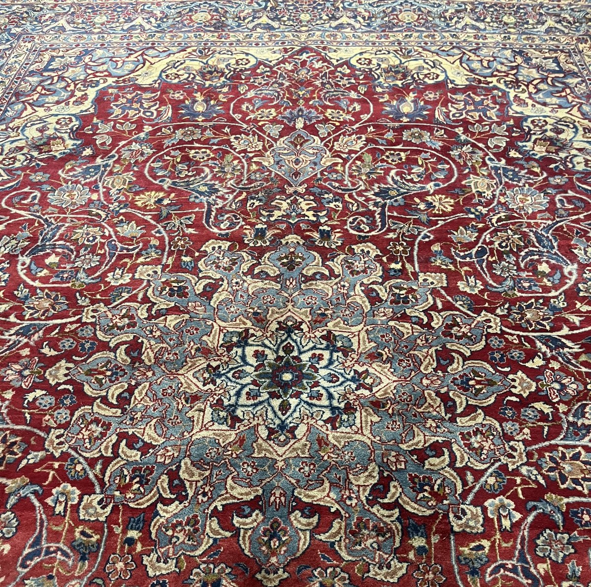 Grand tapis d'Orient Ancien Persan Iran Ispahan - Dim: 4.17 X 3.15 Mètres-photo-3