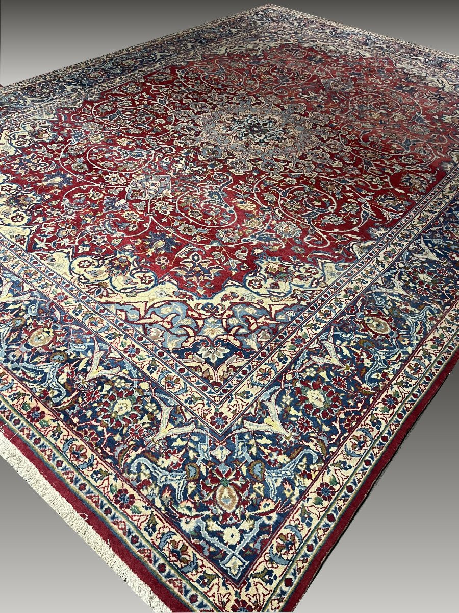 Grand tapis d'Orient Ancien Persan Iran Ispahan - Dim: 4.17 X 3.15 Mètres-photo-4