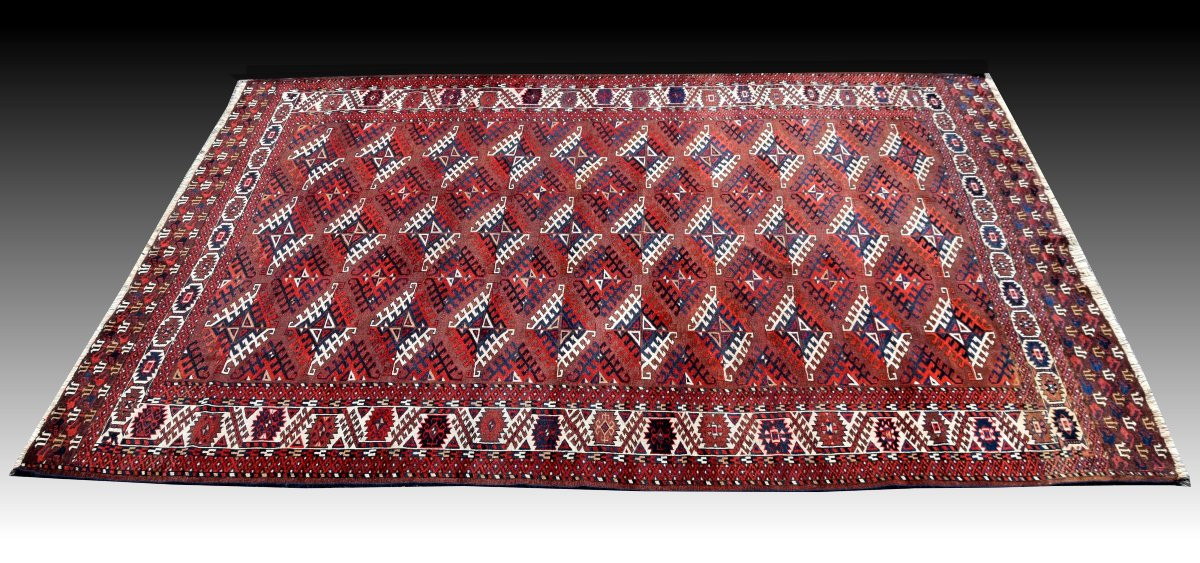 Large Antique Turkmen Bukhara Yomud Carpet: 3.45 X 2.08 Meters -photo-4