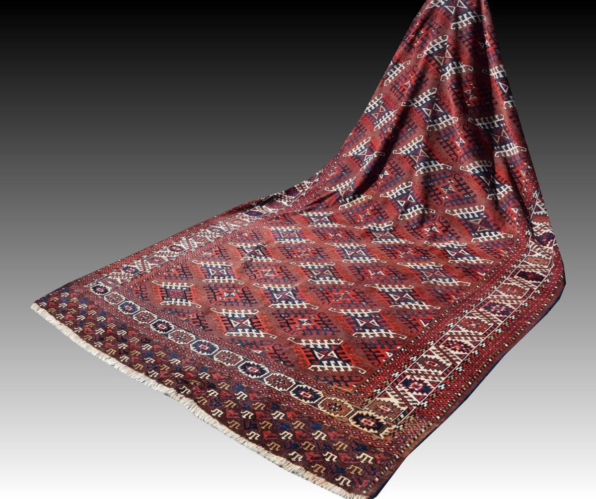 Large Antique Turkmen Bukhara Yomud Carpet: 3.45 X 2.08 Meters -photo-4