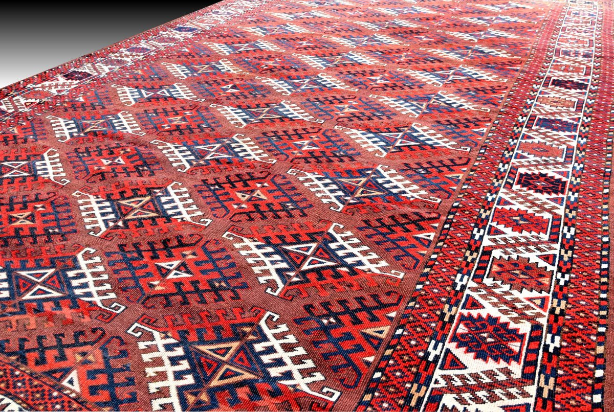 Large Antique Turkmen Bukhara Yomud Carpet: 3.45 X 2.08 Meters -photo-5