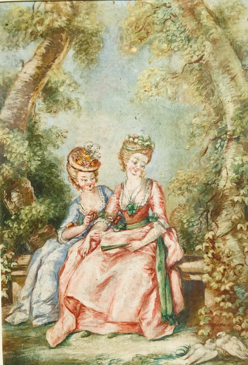 Deux élégantes Dans Un Parc - Gouache 18ème-photo-2