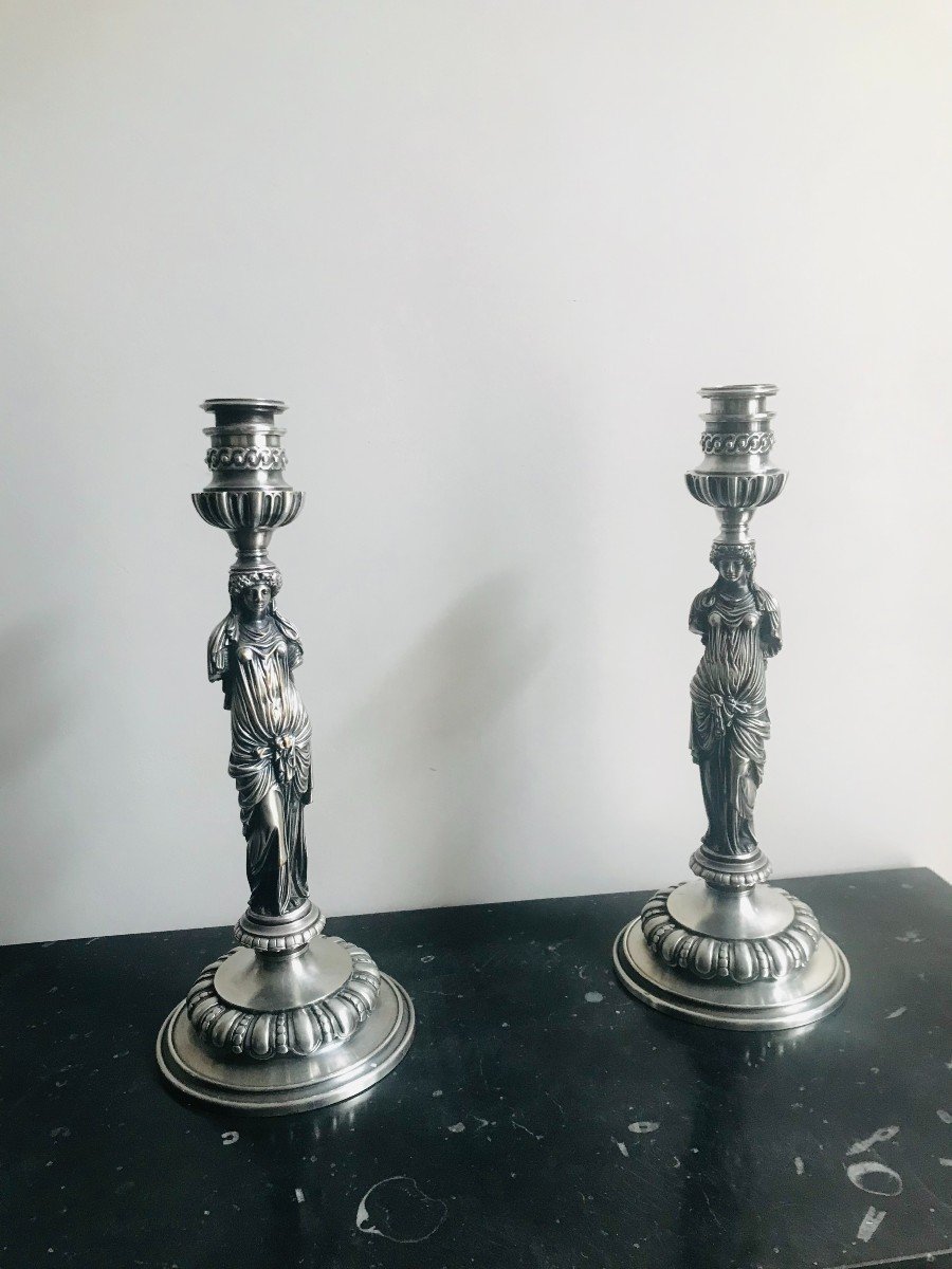 Paire De Bougeoirs En Bronze Argenté - F. Barbedienne-photo-2