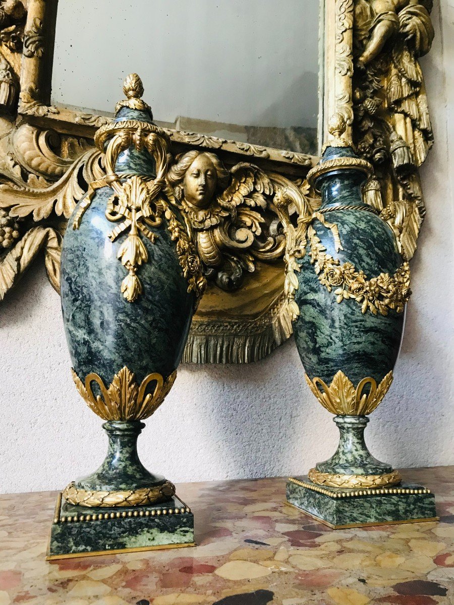 Pair Of Cassolettes In Green Marble - Napoleon III-photo-2