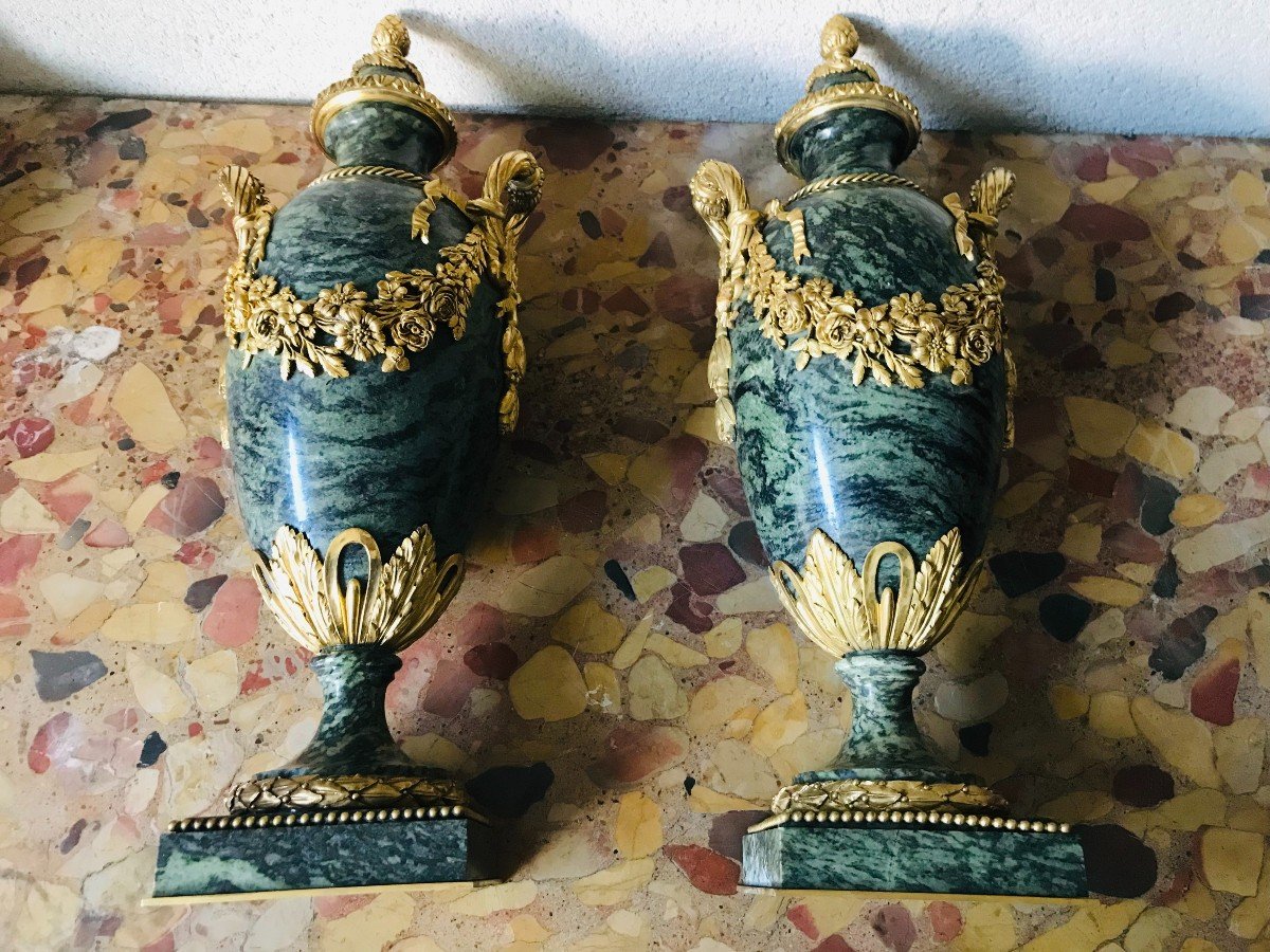 Pair Of Cassolettes In Green Marble - Napoleon III-photo-3