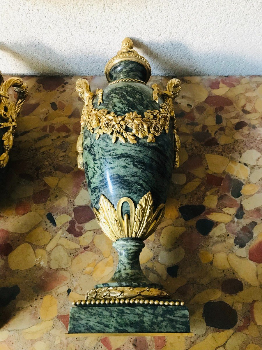 Pair Of Cassolettes In Green Marble - Napoleon III-photo-5