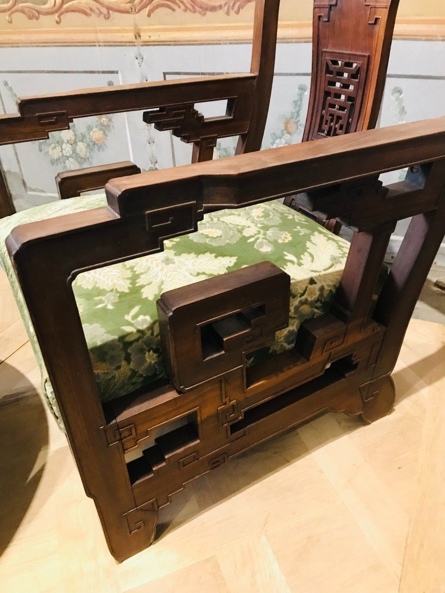Salon En Bois Exotique Indochinois composé de quatre fauteuils et un guéridon-photo-3