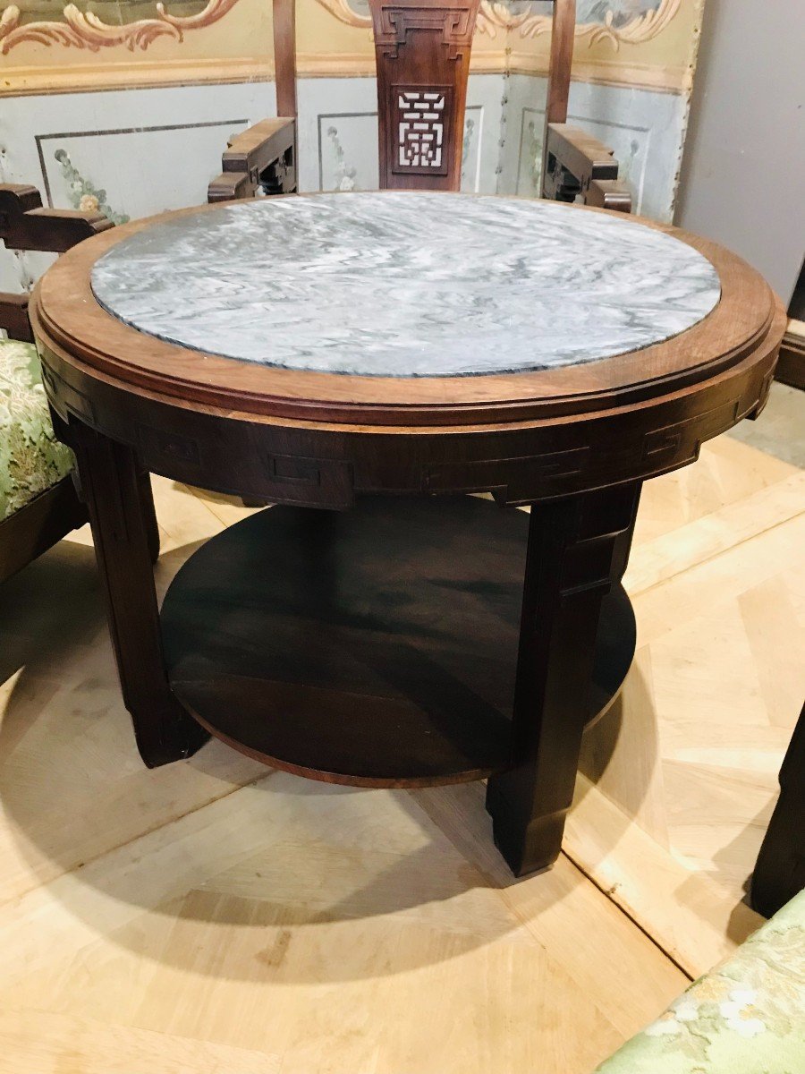 Salon En Bois Exotique Indochinois composé de quatre fauteuils et un guéridon-photo-4