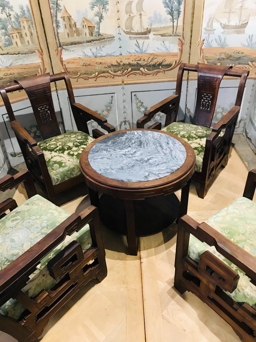 Salon En Bois Exotique Indochinois composé de quatre fauteuils et un guéridon-photo-1