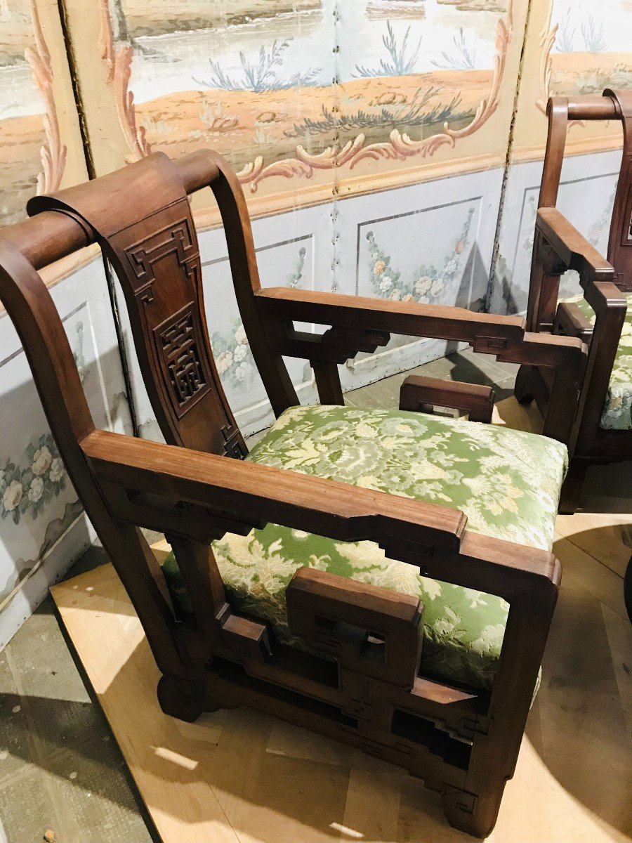 Salon En Bois Exotique Indochinois composé de quatre fauteuils et un guéridon-photo-3