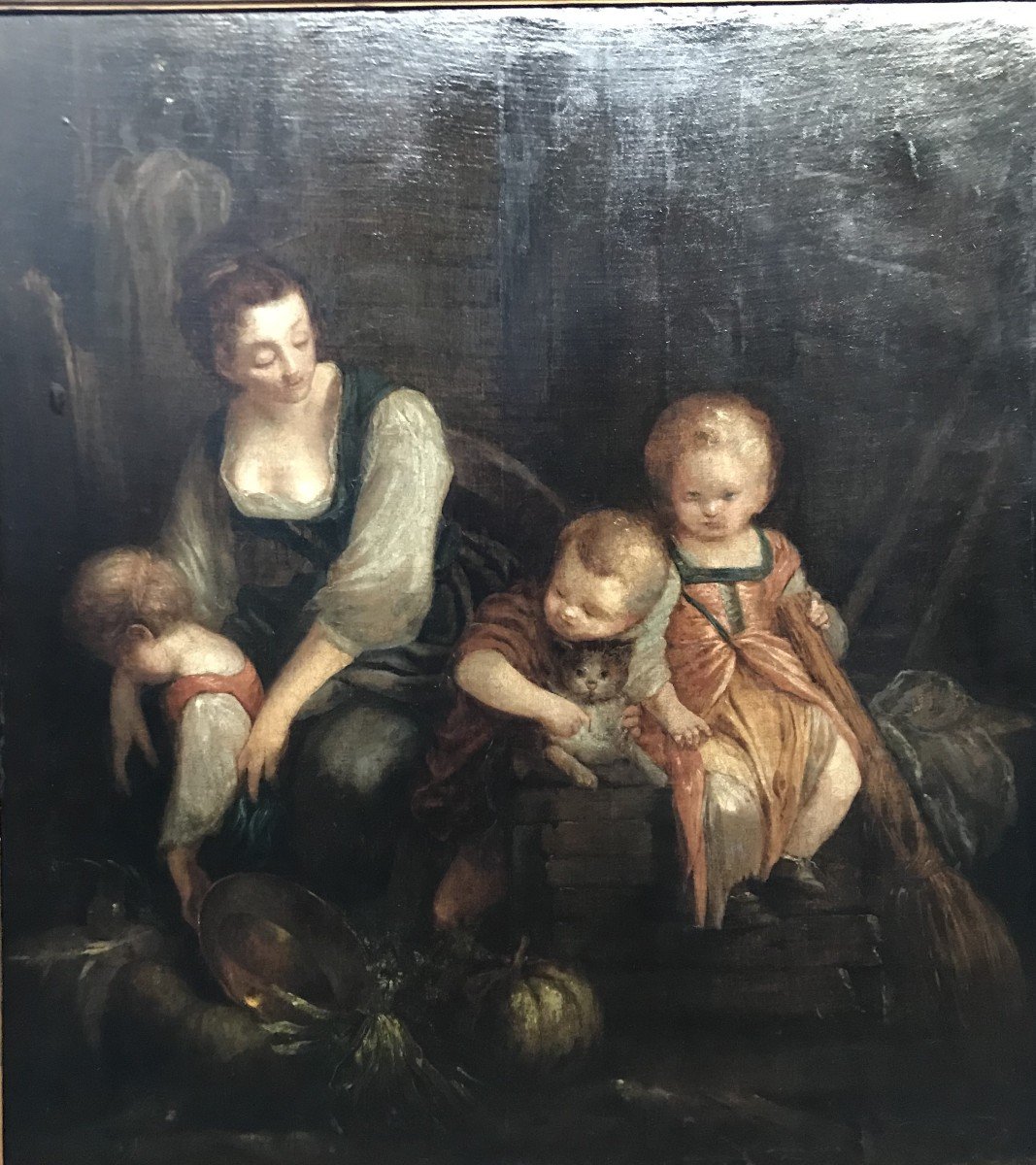 Family Scene - Oil On Canvas 18th Century.