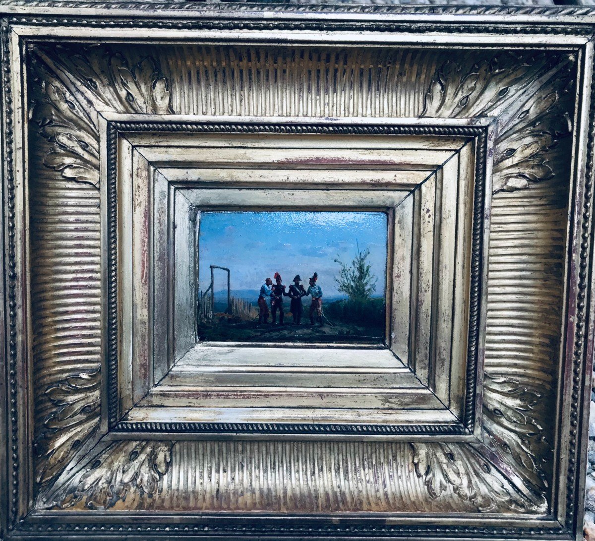 Soldats En Discusion " Huile Sur Panneau Signée Potémont" -photo-3