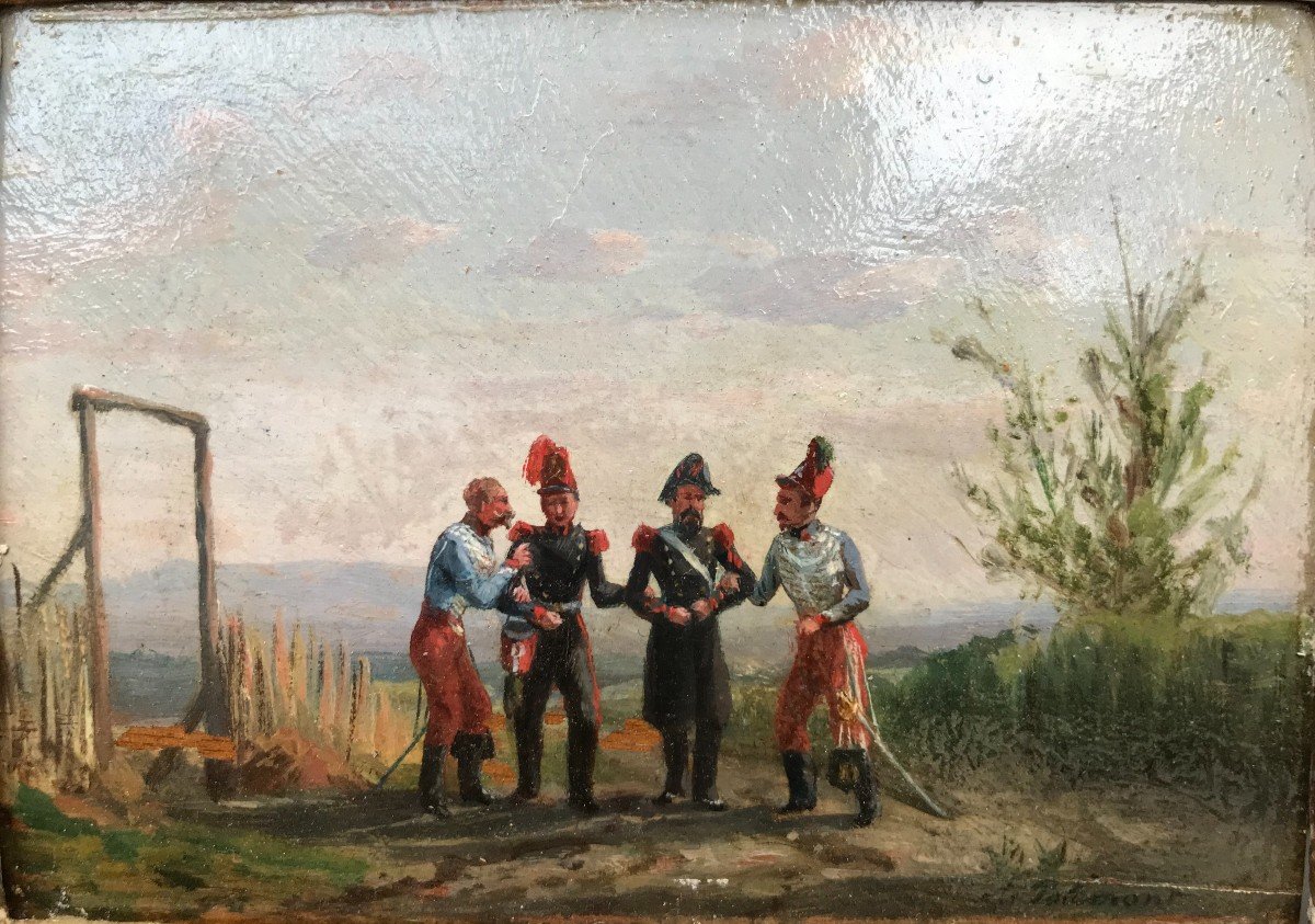 Soldats En Discusion " Huile Sur Panneau Signée Potémont" -photo-1