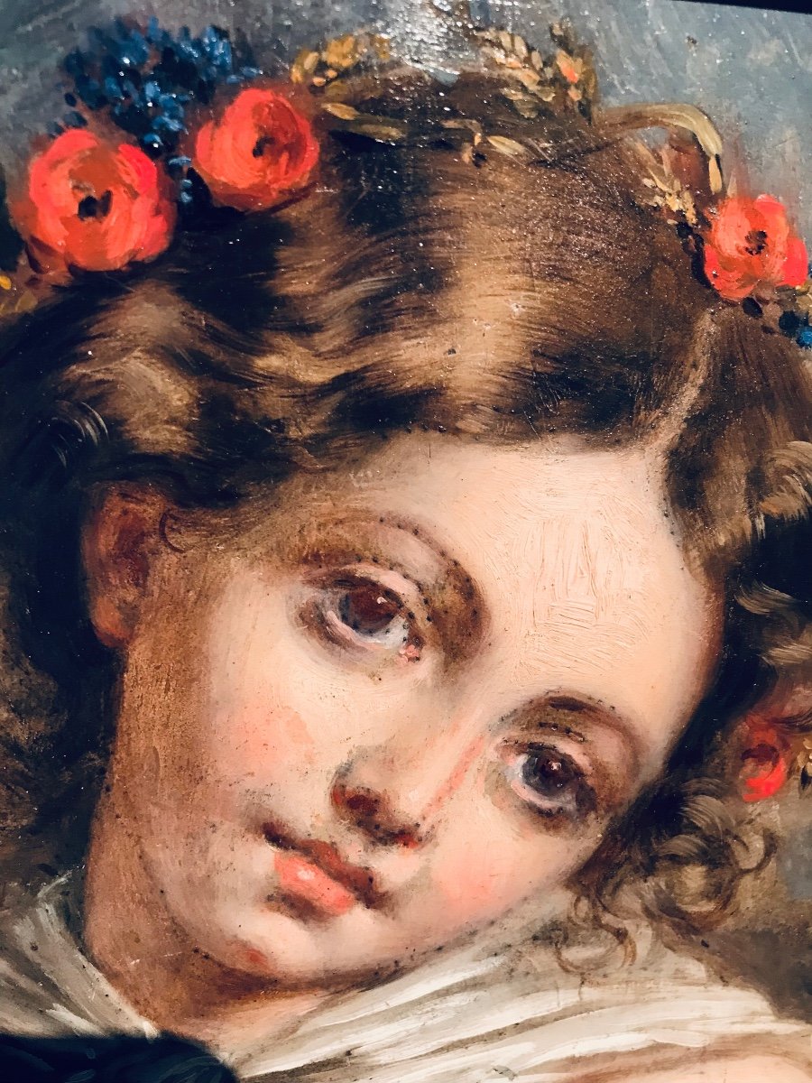 Huile Sur Panneau - Jeun Fille à La Couronne De Fleurs -photo-2