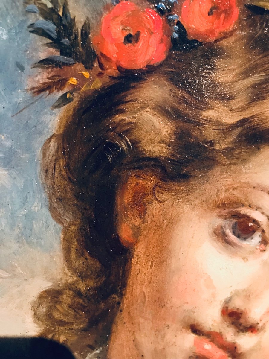 Huile Sur Panneau - Jeun Fille à La Couronne De Fleurs -photo-3