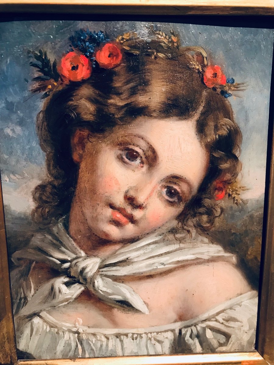 Huile Sur Panneau - Jeun Fille à La Couronne De Fleurs -photo-3