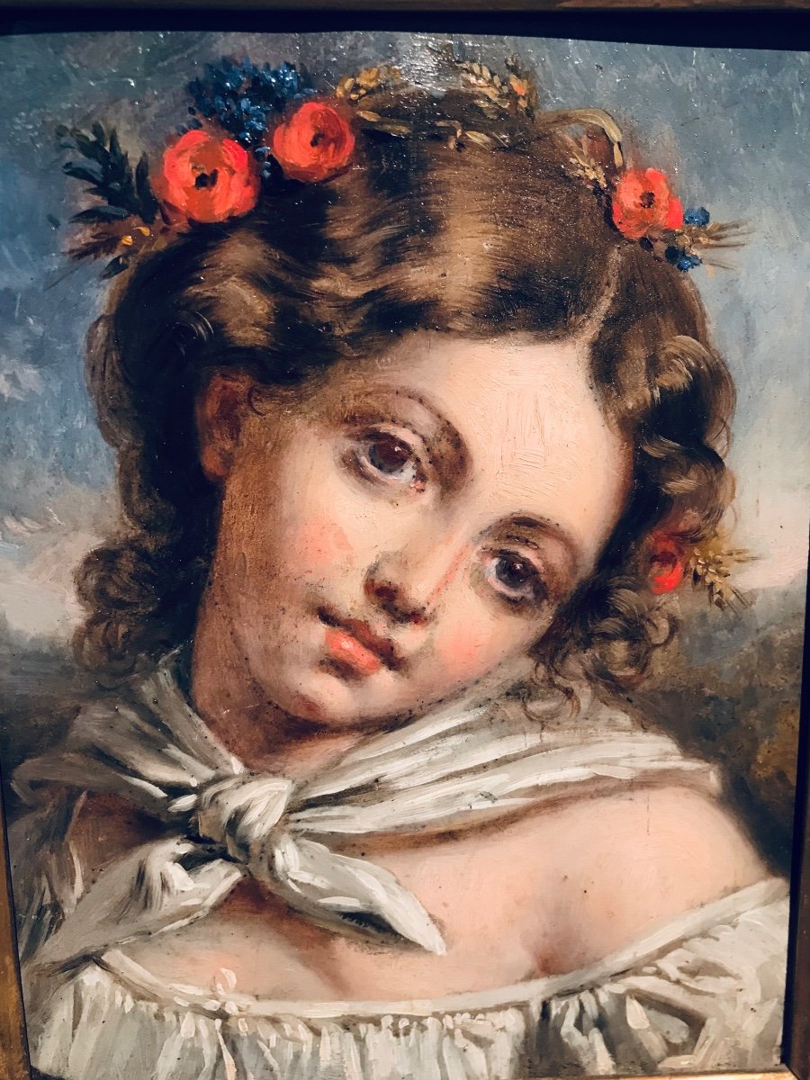 Huile Sur Panneau - Jeun Fille à La Couronne De Fleurs 