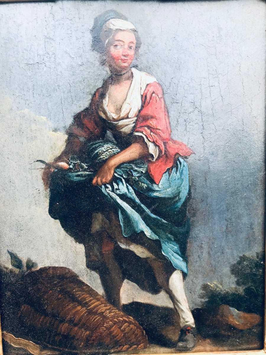 Jeune Femme Au Jardin - Huile Sur Panneau XVllle-photo-2