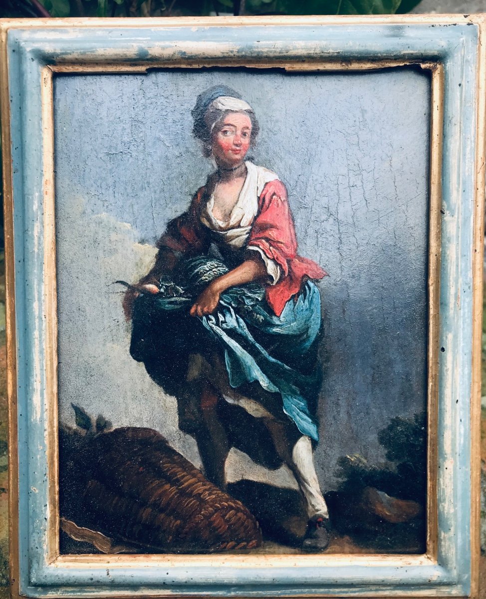 Jeune Femme Au Jardin - Huile Sur Panneau XVllle