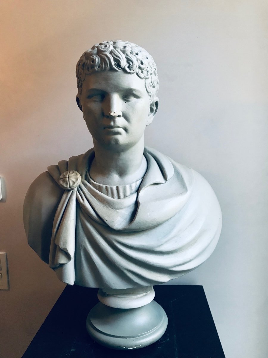 Paire De Bustes D’empereur  Romain En Plâtre Patiné Gris Début XXe -photo-3