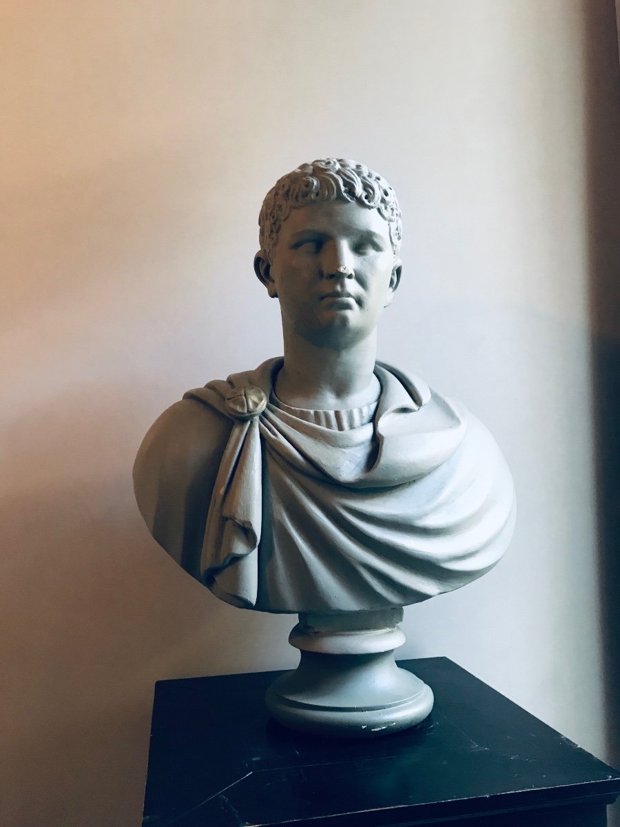 Paire De Bustes D’empereur  Romain En Plâtre Patiné Gris Début XXe -photo-3