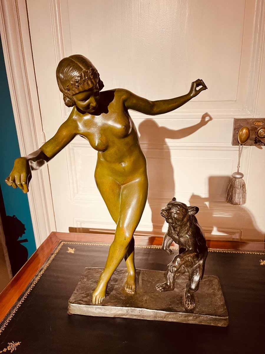 Bronze - Woman Dancing With A Teddy Bear Signed Jean Verschneider-photo-3