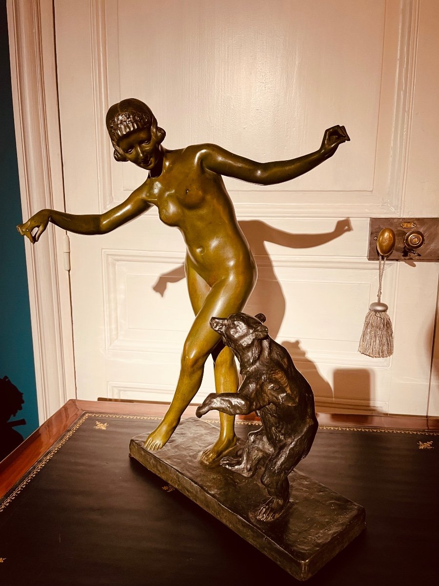 Bronze - Woman Dancing With A Teddy Bear Signed Jean Verschneider-photo-5