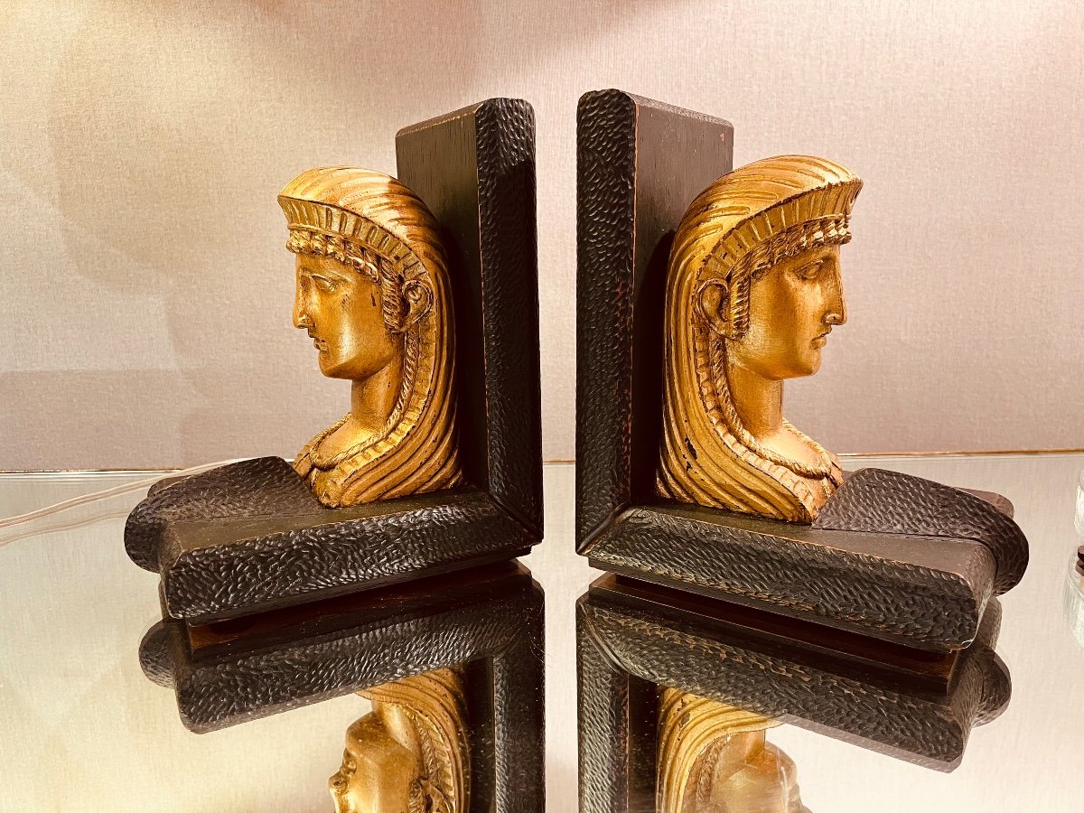 Paire De Serre Livres Années 40 En Bois Patiné Et Doré -photo-4