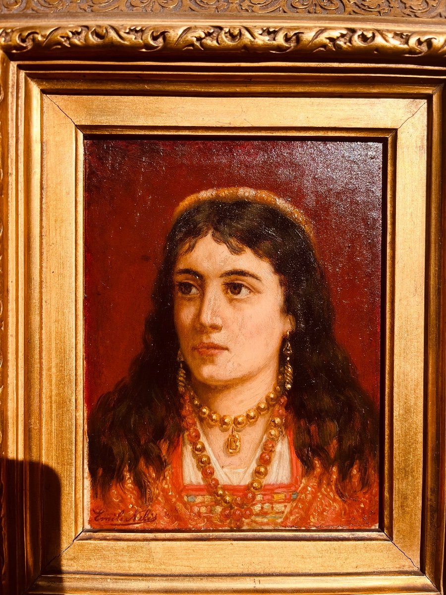 Portrait D’une Jeune Orientale - Huile Sur Panneau Acajou Signée émile Nélis-photo-3