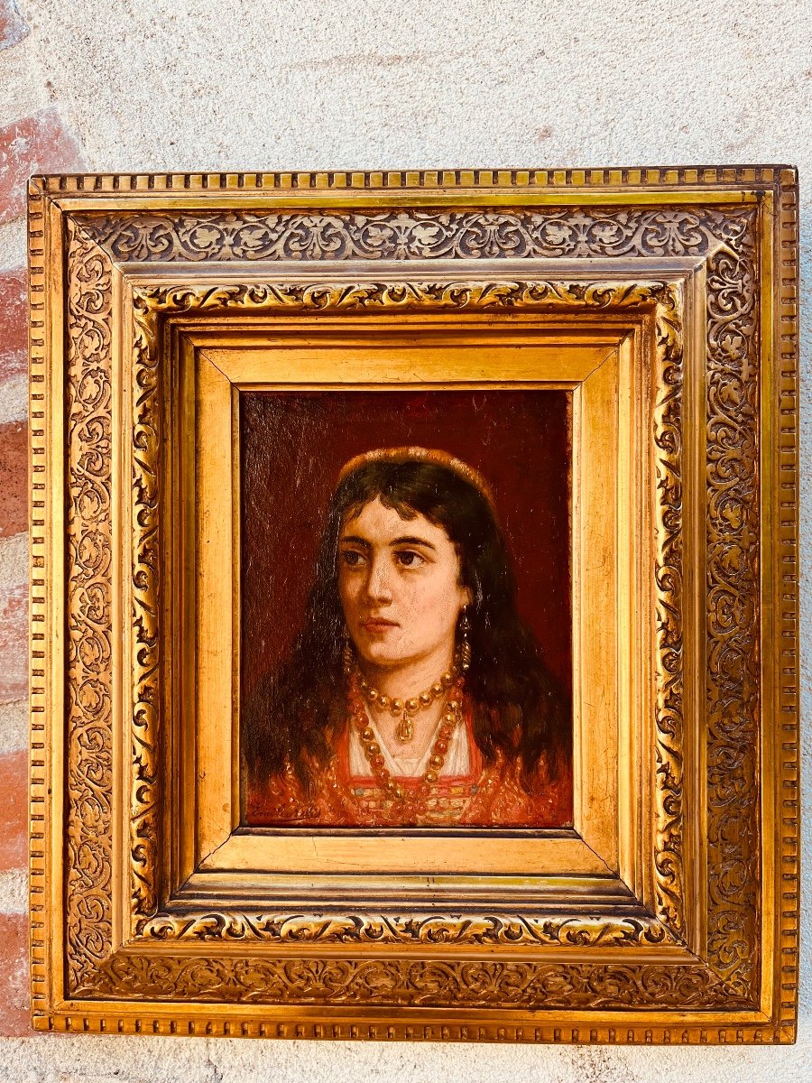 Portrait D’une Jeune Orientale - Huile Sur Panneau Acajou Signée émile Nélis-photo-4