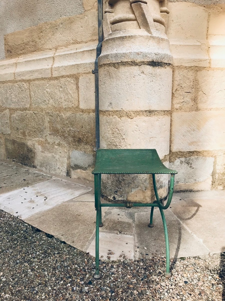 Tabouret Curule En Fer Laqué Vert Des Années 50-photo-2