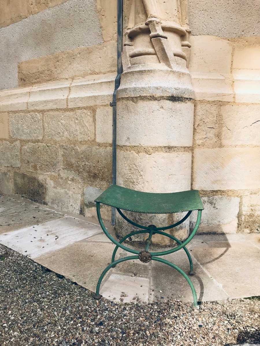 Tabouret Curule En Fer Laqué Vert Des Années 50-photo-4