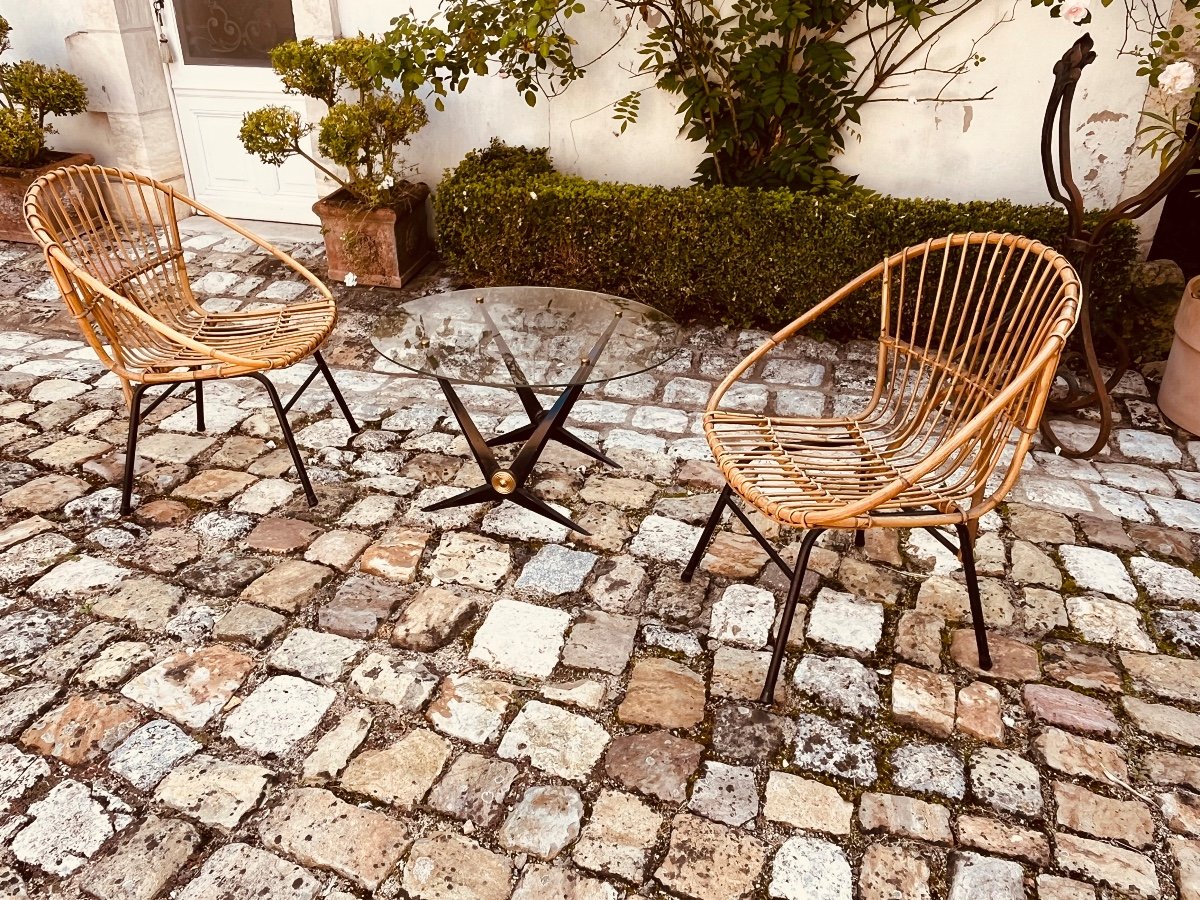 Deux Fauteuils En Bambou Et Une Table Année 50-photo-3