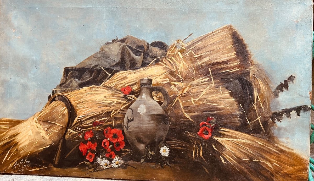 Huile Sur Toile Gerbes De Blés Signée Aufrère 