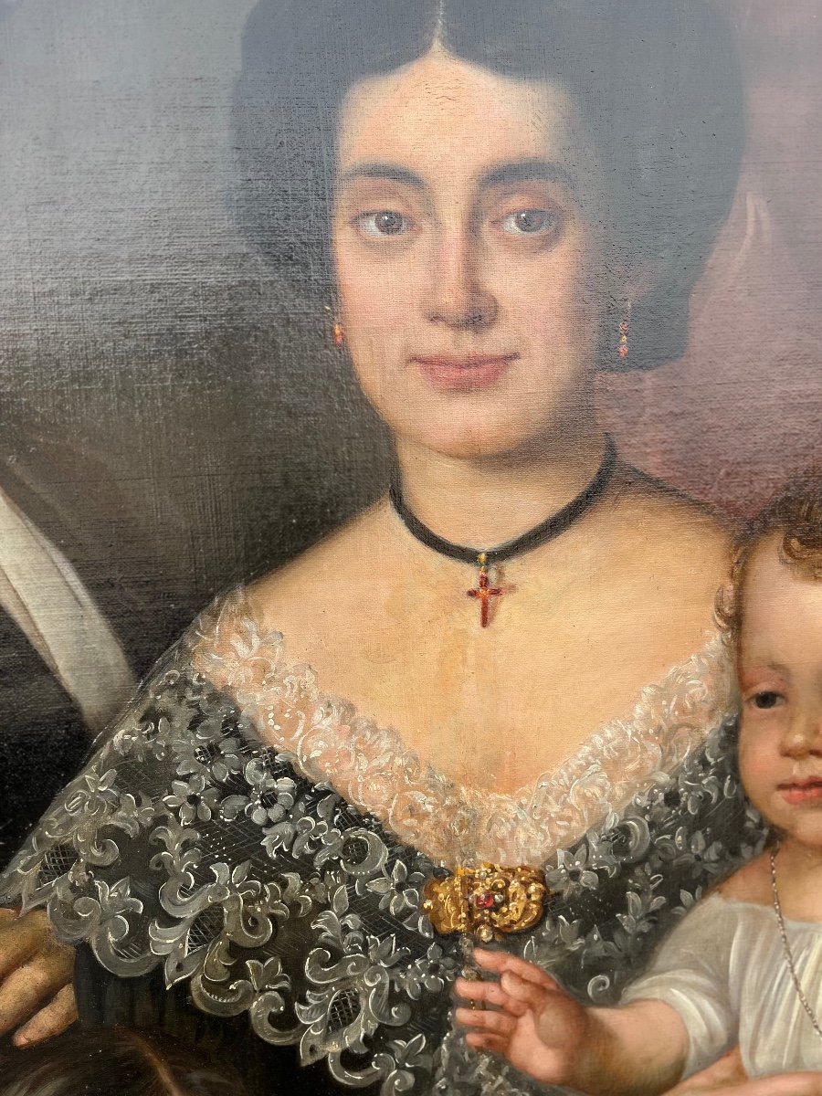 Oil On Canvas Spanish Family From The 19th Century-photo-2