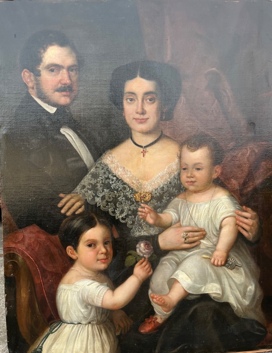 Oil On Canvas Spanish Family From The 19th Century