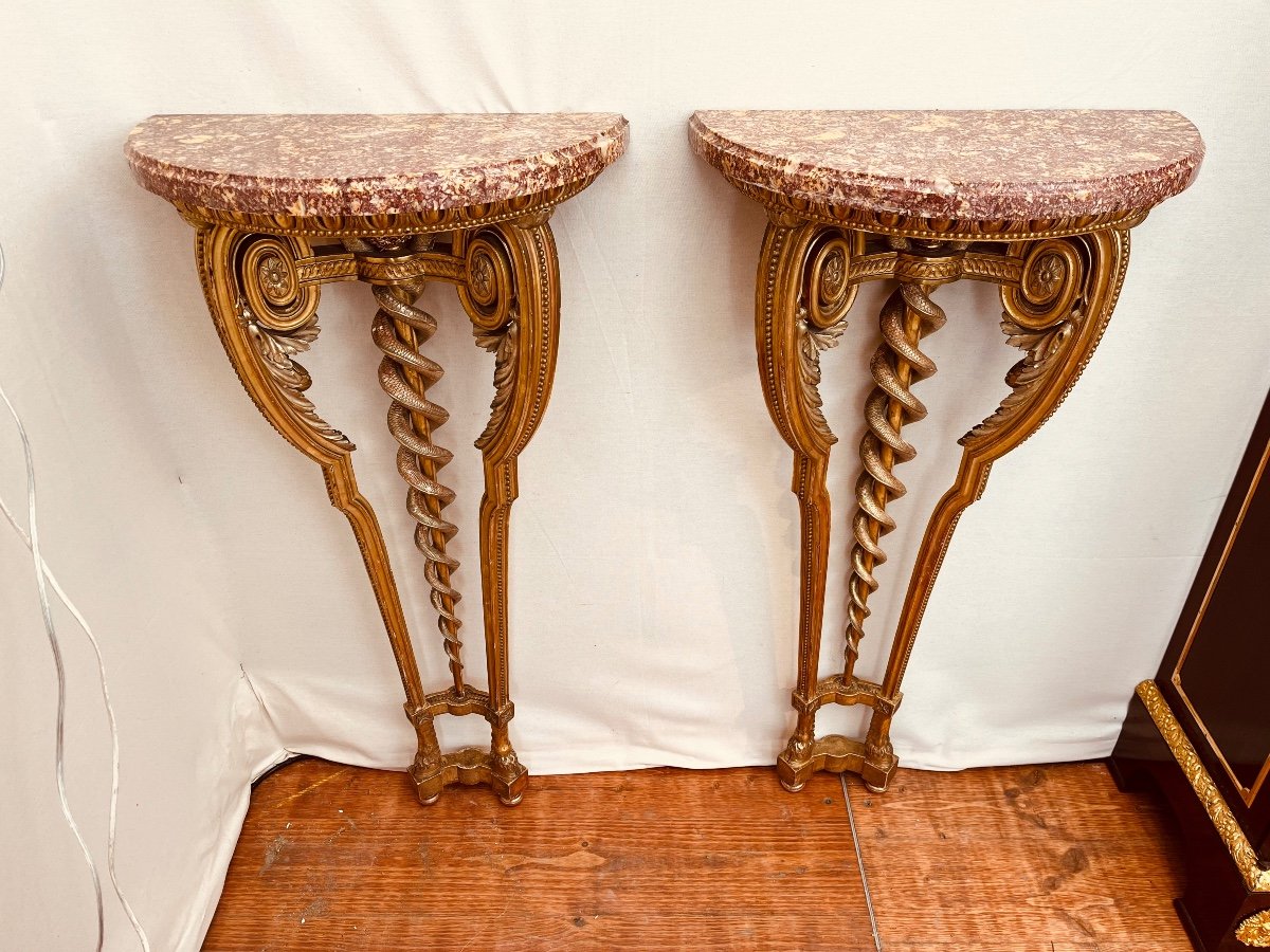 Paire De Consoles En Bois Doré Et Sculpté époque XIXe-photo-3