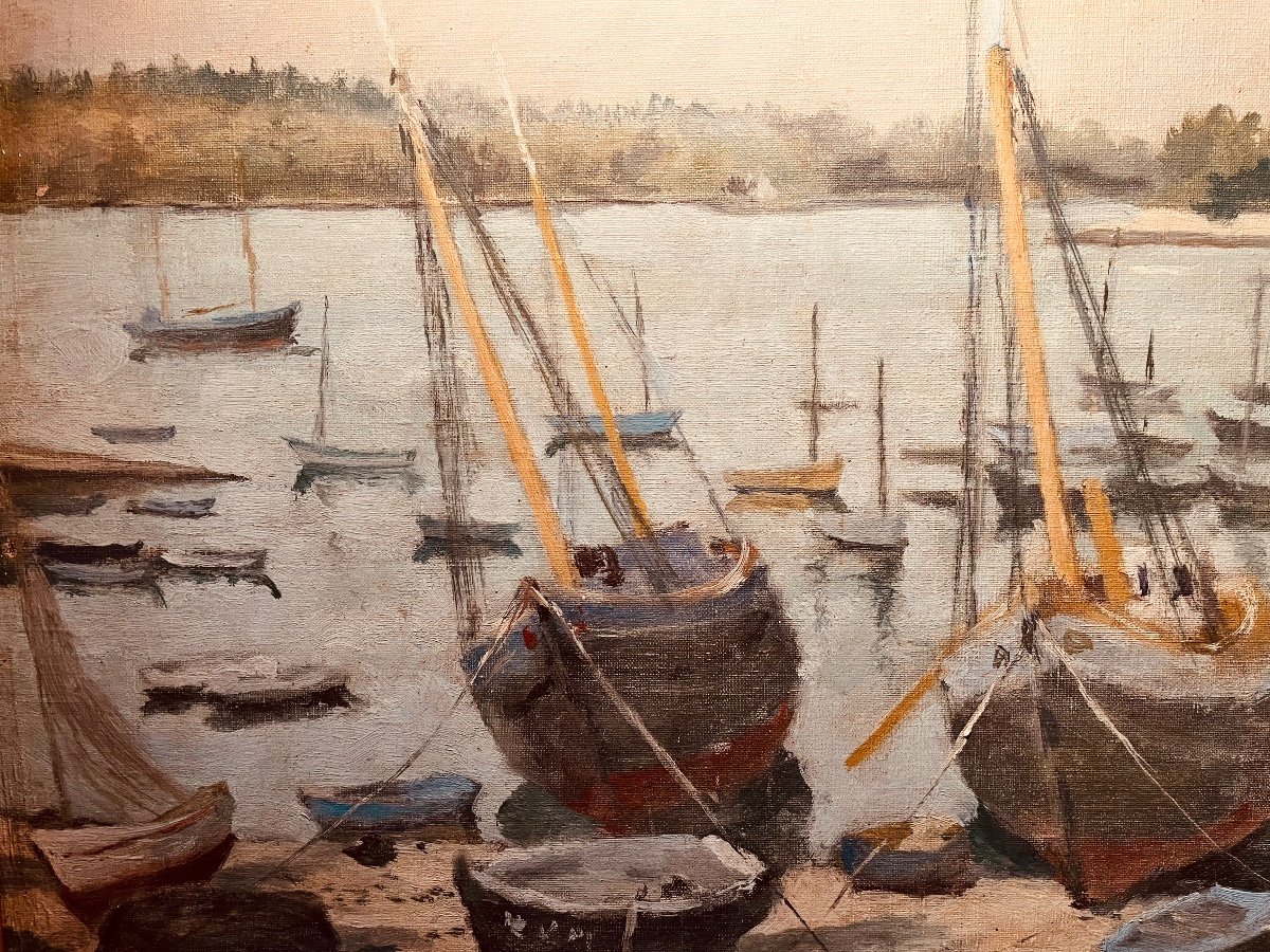 Bateaux Au Mouillage Par M Moisset - Huile Sur Toile-photo-3
