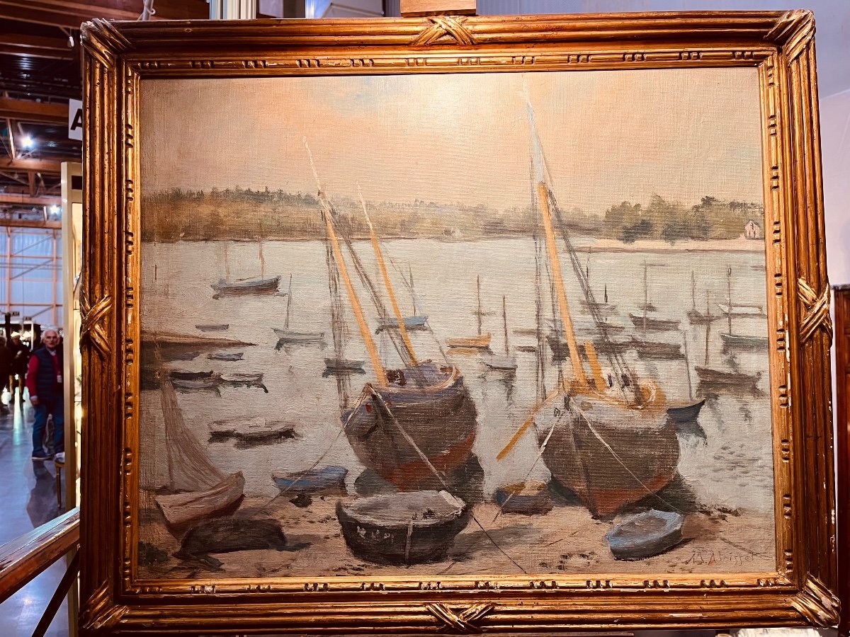 Bateaux Au Mouillage Par M Moisset - Huile Sur Toile-photo-1