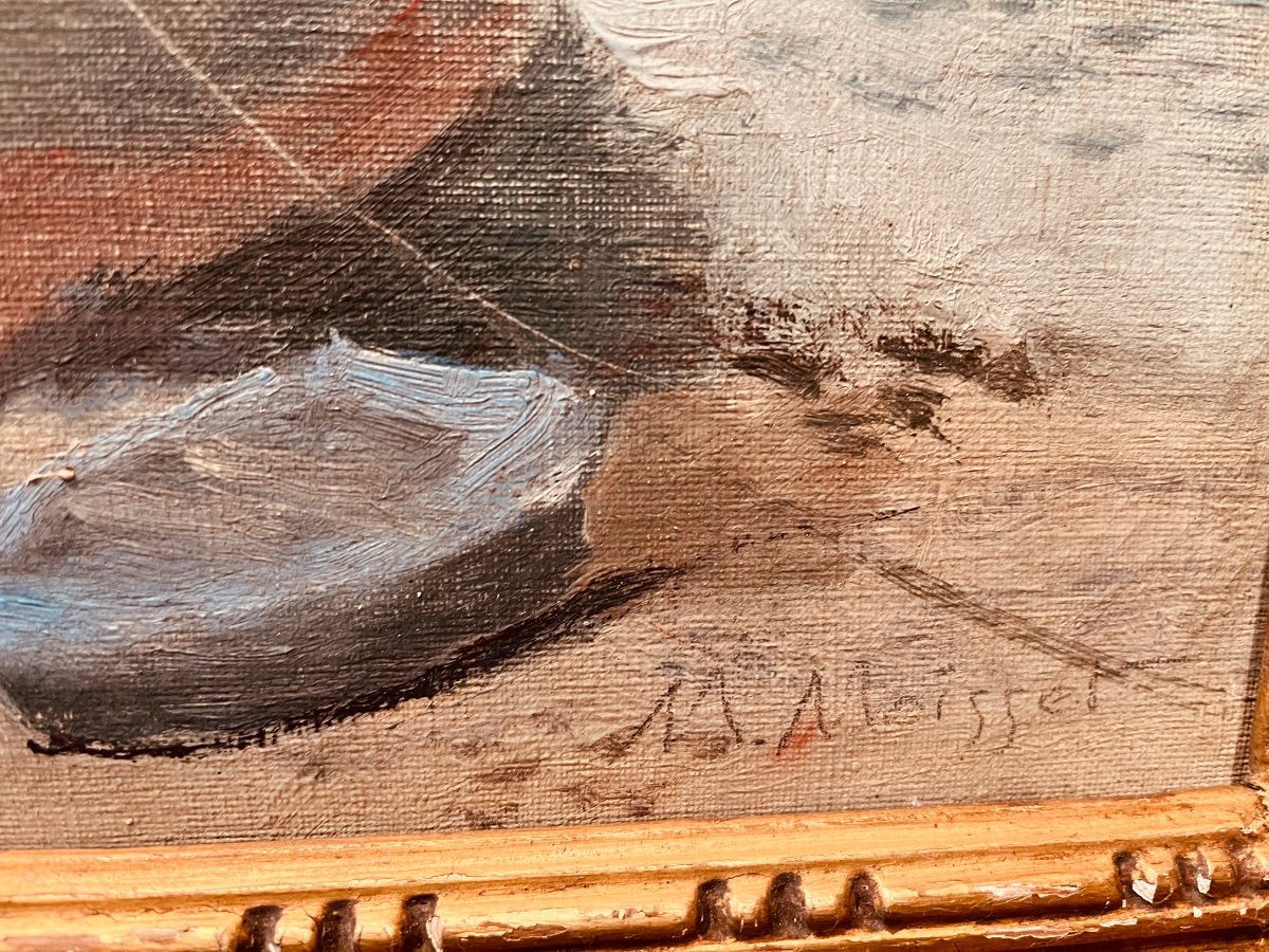 Bateaux Au Mouillage Par M Moisset - Huile Sur Toile-photo-3